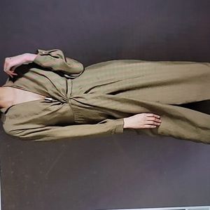 Anthropologie green linen midi dress knot twist waist 8P petite